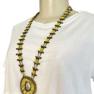 Vintage 70s Southwestern Safety Pin Necklace Handmade Yellow statement folk art